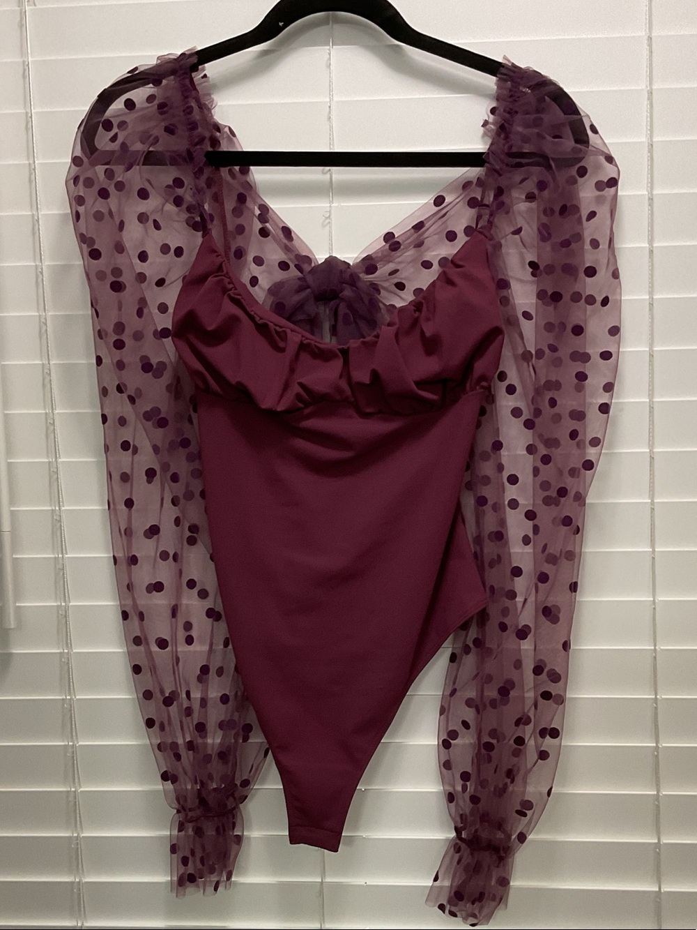 NWT Free People Plum Polka Dot Mesh Sleeve Bodysuit